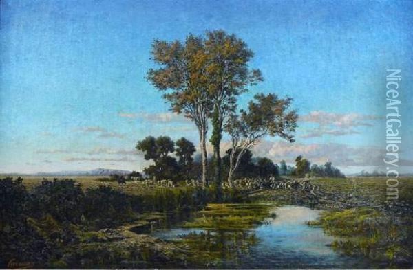 Troupeau S'abreuvant Sous L'arbre Oil Painting - Henri Laurent Mouren