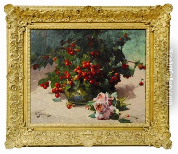 Bouquet De Cerises Aux Pivoines Oil Painting - Georges Jeannin