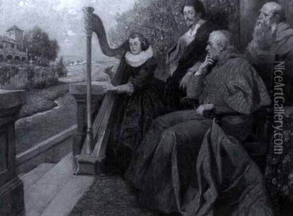 Ein Kardinal Lauscht Auf Seiner Veranda Einer Harfenspielerin Oil Painting - Rudolf August Hoeger