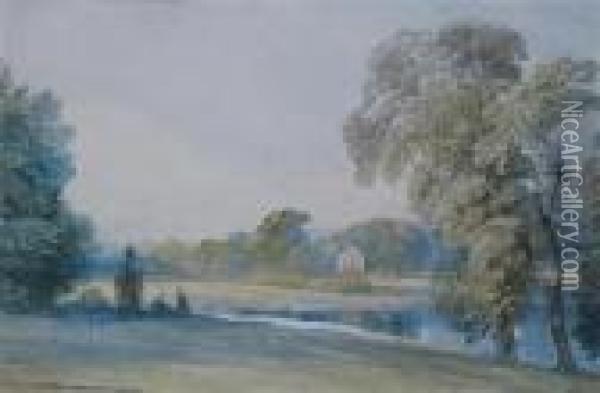 Figures By A Lake With A Cottage Beyond Oil Painting - William Callow