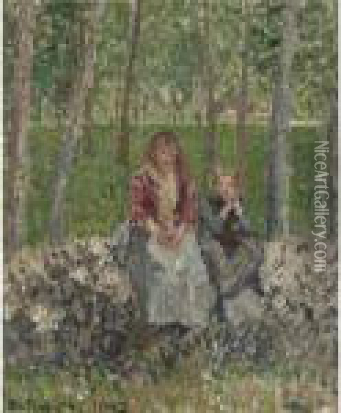 Paysannes Sous Les Arbres A Moret Oil Painting - Camille Pissarro