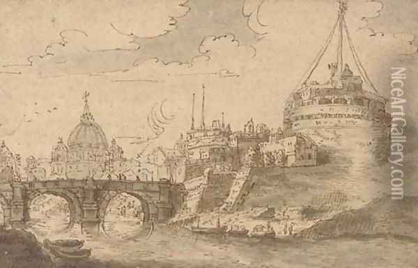The Castel Sant'Angelo and Saint Peter's, Rome, seen from the Tiber Oil Painting - Flemish School