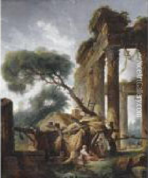 A Peasant Family Outside Their Dwelling Beneath A Ruined Roman Temple Oil Painting - Hubert Robert