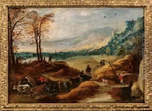 Paesaggio Montano Con Mandria E Viandanti Oil Painting - Joos De Momper