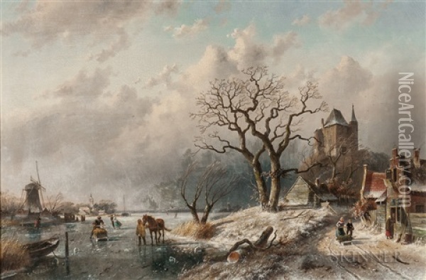 Animated Winter Landscape With Skaters Oil Painting - Charles Henri Joseph Leickert