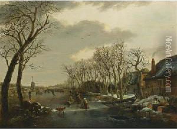 A Winter Landscape With A Woman Skating Behind A Sledge, A Girl Skating With A Chair, And Other Figures Skating And A Dog On A Frozen Canal Near A Village With A Mill Beyond Oil Painting - Arnoldus Van Well Dordrecht