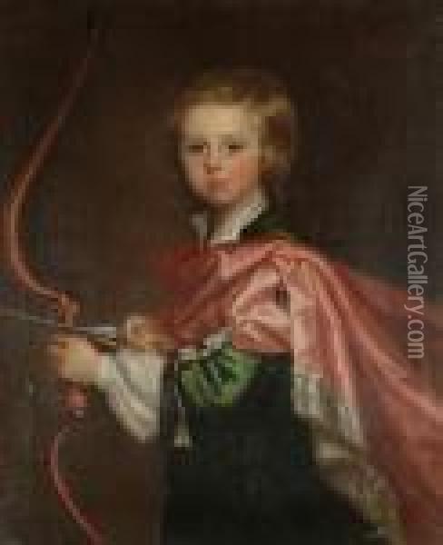 A Portrait Of A Young Boy, 
Three-quarter-length, In A Green Coat With A Salmon-pink Wrap, Holding A
 Bow And Arrow Oil Painting - Sir Joshua Reynolds