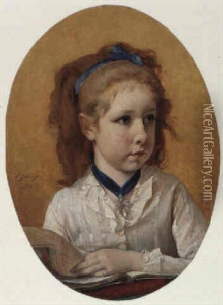 Portrait Of A Young Girl With A Blue Ribbon Oil Painting - Timoleon Marie Lobrichon
