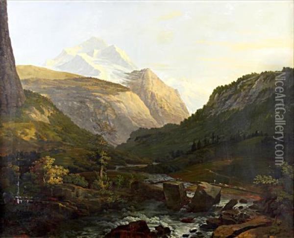 The Jungfrau Massif From A Torrent Oil Painting - Johann Georg Volmar
