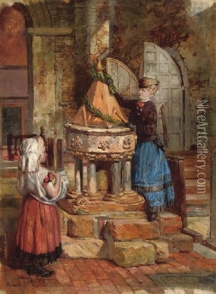 Decorating The Old Font Oil Painting - James Lobley