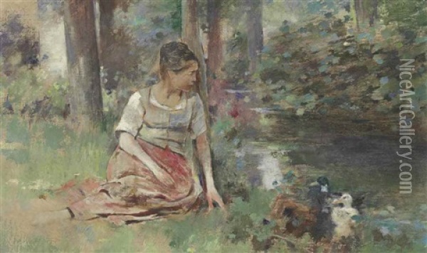 Femme Aux Canards (woman With Ducks) Oil Painting - Theodore Robinson