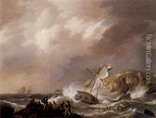 A Dutch Vessel Shipwrecked In A Storm Oil Painting - Hermanus Koekkoek the Elder