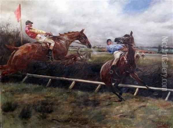 Jockeys At The Fence Oil Painting - Geoffrey Douglas Giles