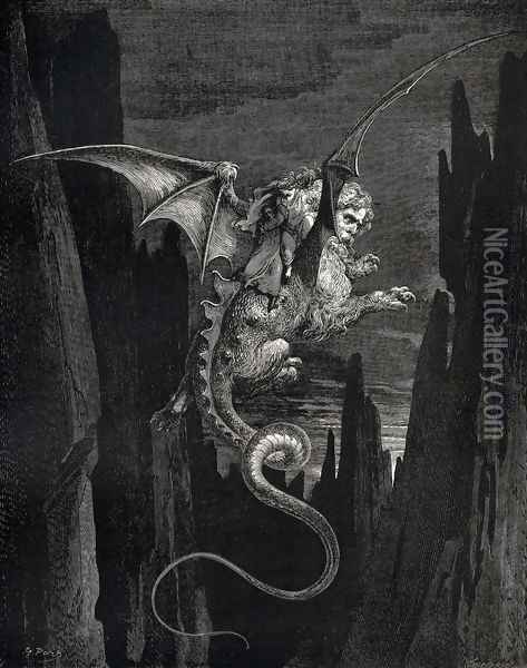 The Inferno, Canto 17, line 117: New terror I conceiv'd at the steep plunge Oil Painting - Gustave Dore