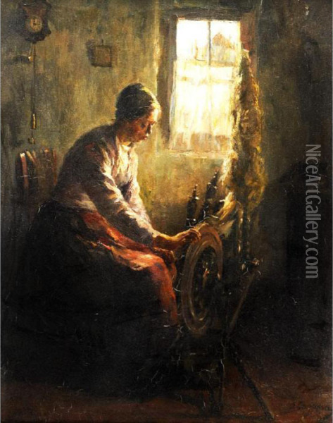 Woman Spinning Wool By A Window Oil Painting - Baruch Lopez De Leao Laguna