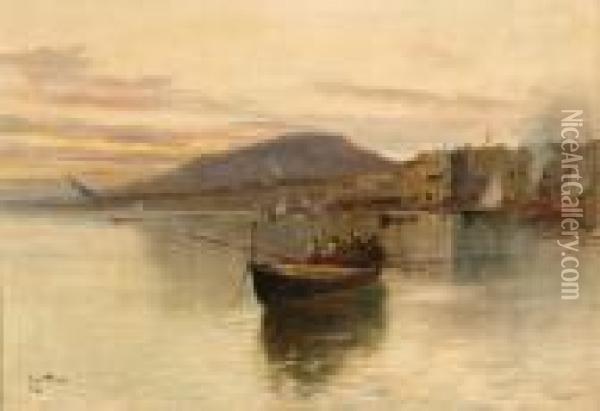 Scorcio Di Paese Costiero Con Barche E Pescatori Oil Painting - Oscar Ricciardi