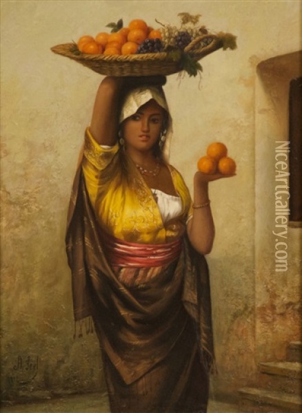 Lady With Basket Of Fruit Oil Painting - Adolf Seel