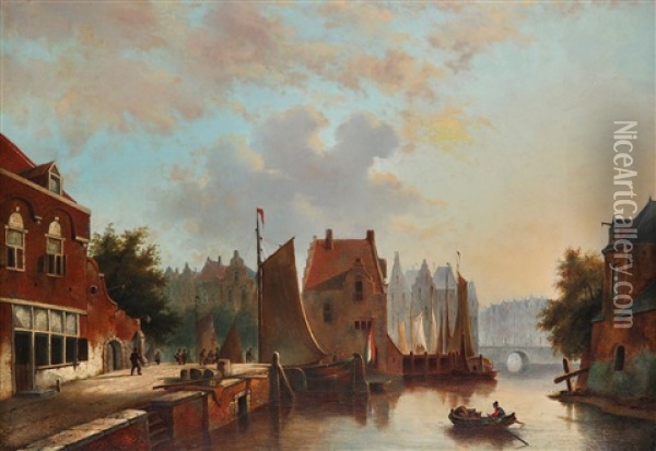 Dutch Canal Scene Oil Painting - Bartholomeus Johannes Van Hove