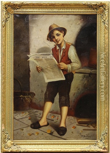 Boy Reading The News Oil Painting - Francois Xavier Bricard