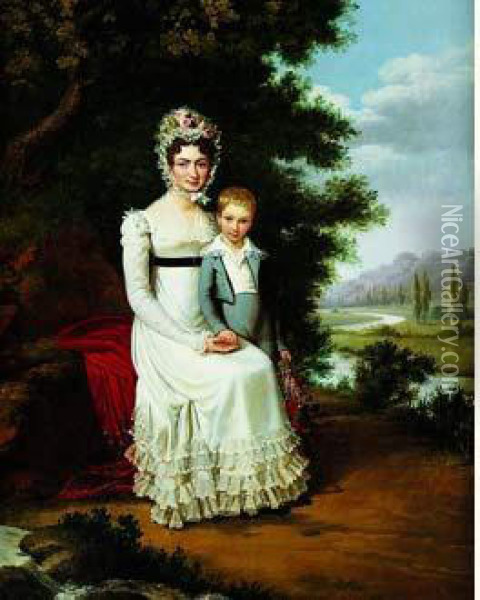 Portrait De Jeune Femme Avec Son Fils Sur Fond De Paysage Oil Painting - Edouard Pingret