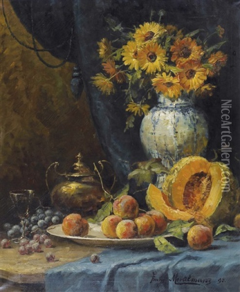 Still Life With Grapes, Peaches And Sunflowers (1898) Oil Painting - Frans Mortelmans