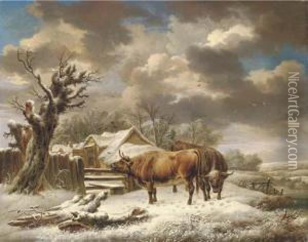 Livestock In A Winter Landscape Oil Painting - Charles Towne