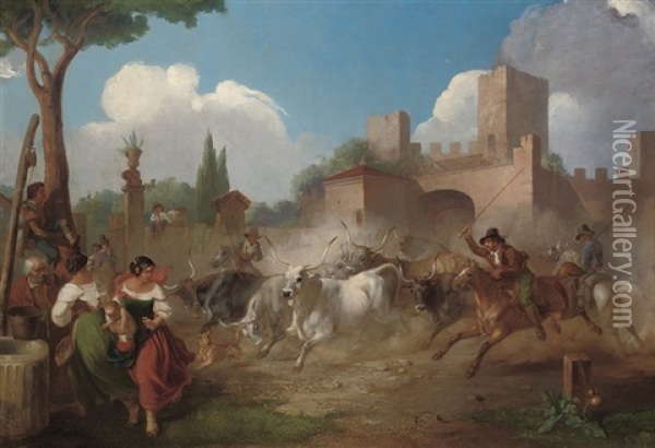 Buttari Driving Roman Oxen Through The Porta St. Paolo Oil Painting - William Stewart Watson