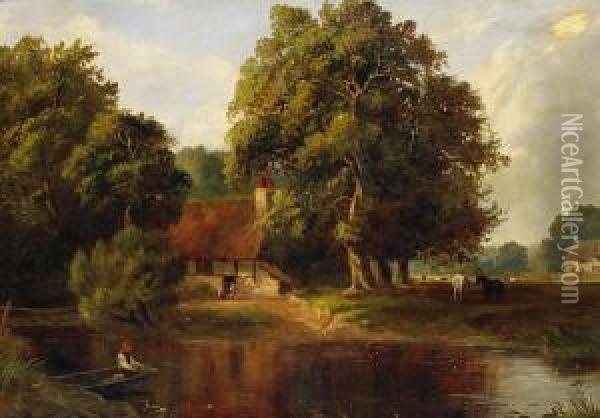 A Boy Fishing From A Punt Oil Painting - Edward Charles Williams