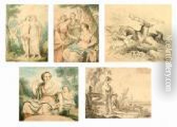 Three Unframed Watercolours Of 
Classical Scenes, Together With A Pencil Drawing, Bears Signature 
Koekkoek And Another Oil Painting - Angelica Kauffmann
