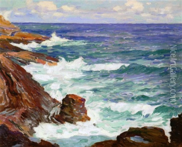Waves Breaking On A Rocky Coast Oil Painting - George Kennedy Brandriff