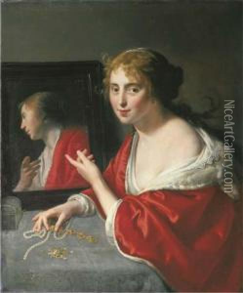Vanitas: A Young Lady At A Draped Table Before A Black Framed Mirror Oil Painting - Paulus Moreelse