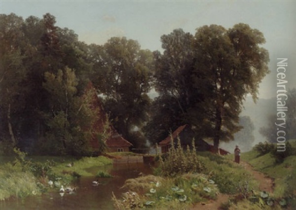 A Sunlit Farmyard With A Peasant Girl Knitting Oil Painting - Jacobus Nicolas (Baron) Tjarda van Starkenborg
