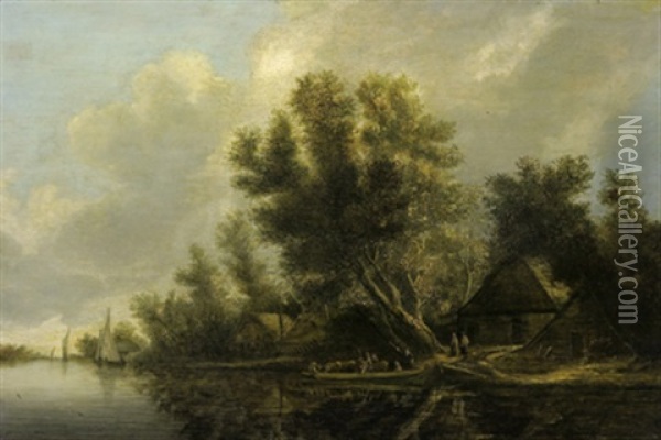 Bewaldete Flusslandschaft Mit Bauernhausern Und Einer Fahre Oil Painting - Salomon van Ruysdael