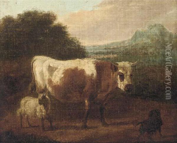 A Cow And Sheep In A Landcape Oil Painting - Paulus Potter