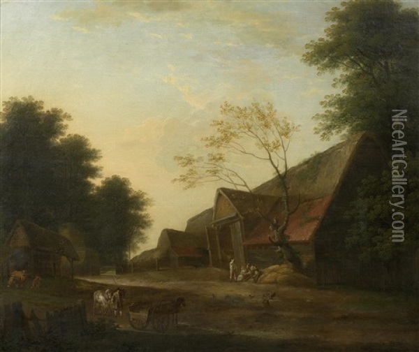 A Groom With Horses Approaching An Inn Oil Painting - George Lambert