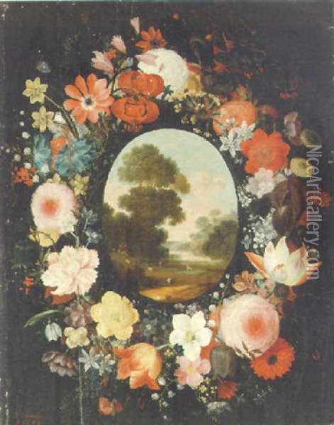 A Pastoral Landscape Surrounded By A Wreath Of Flowers Oil Painting - Andries Daniels