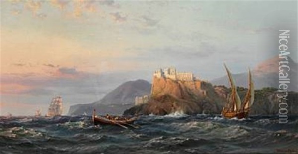 Morning Light Over The Island Of Procida, Italy, With Ships Off The Coast Oil Painting - Vilhelm Melbye