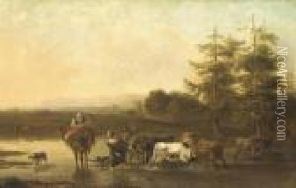 An Italianate Landscape With Drovers Fording A River Oil Painting - Nicolaes Berchem