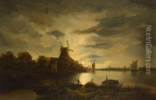 An Inland Water-way With Windmill And Boats By Moonlight Oil Painting - John Berney Crome