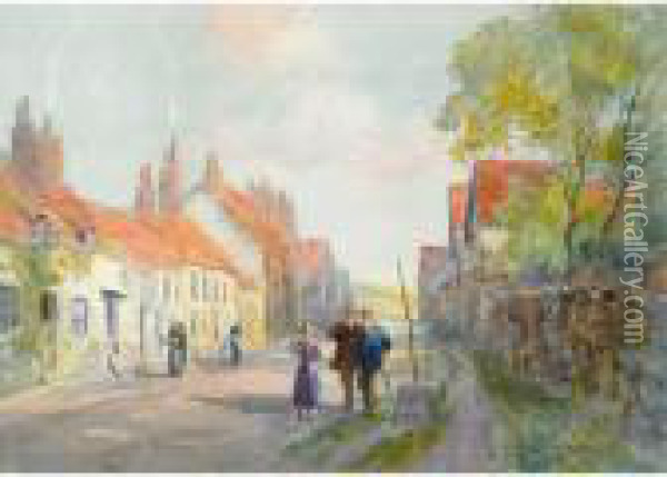 Figures On An English High Street Oil Painting - Frederic Marlett Bell-Smith