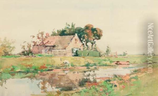 A Farmhouse Near A Stream In Summer Oil Painting - Cornelis Vreedenburgh