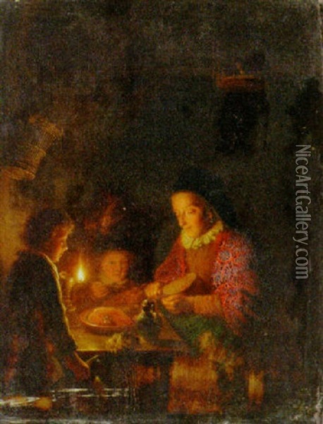 A Family Preparing A Meal In A Kitchen Oil Painting - Gerrit Dou