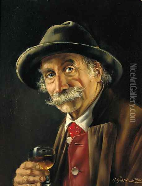 A Bavarian gentleman drinking a glass of wine Oil Painting - Hermine Gartner