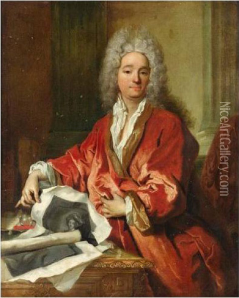 Portrait De Louis D'assenay Tenant Des Gravures Oil Painting - Nicolas de Largillierre