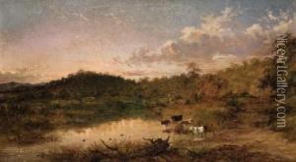 Cattle Drinking, Plenty Ranges, Victoria Oil Painting - James Howe Carse