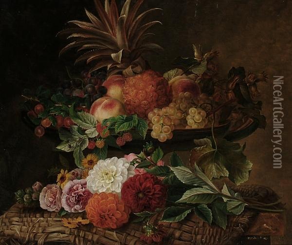 Impressive Still Life Of A 
Pineapple, Other Fruits And Flowers Displayed On A Woven Cloth On A 
Ledge Oil Painting - Johan Laurentz Jensen