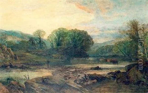 Riverscene With Cattle And Fishermen Oil Painting - Frederick William Hulme