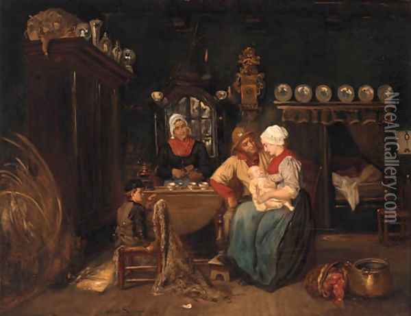 A family in a kitchen interior Oil Painting - Albert Dillens