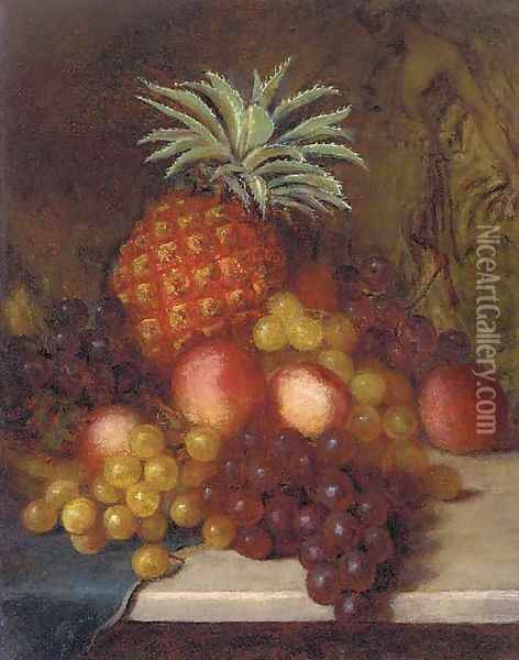 Grapes, peaches, and a pineapple, on a marble ledge Oil Painting - English School