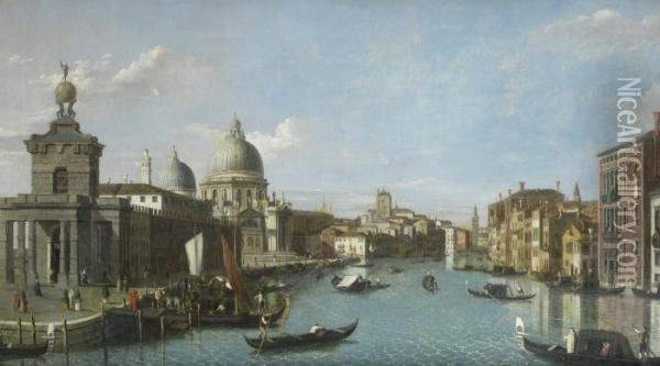 The Grand Canal, With The Punta 
Della Dogana And The Church Of Santa Maria Della Salute In The Distance,
 Venice Oil Painting - (Giovanni Antonio Canal) Canaletto